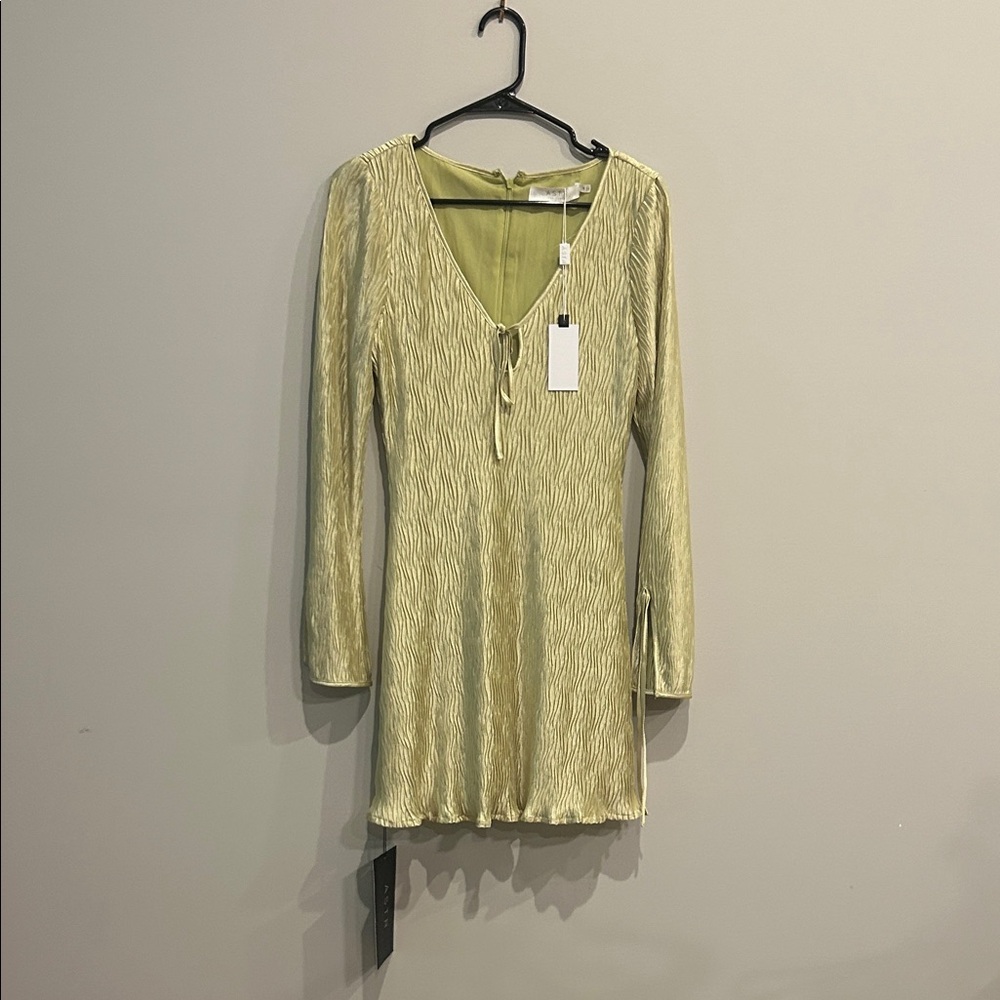 Astr Light Green Long Sleeve V-Neck Mini Dress